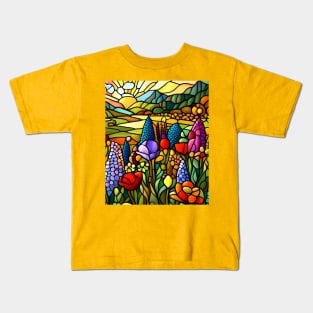 Stained Glass Colorful Mountain Meadow Kids T-Shirt